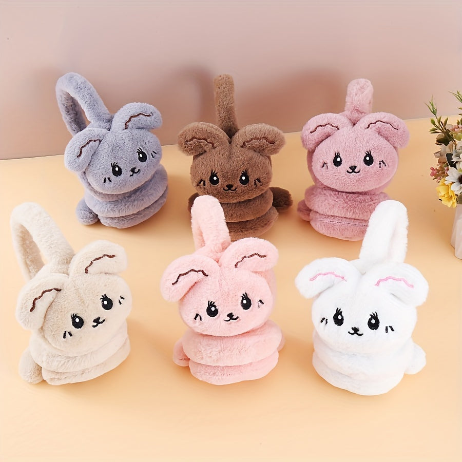 Korean Style Plush Ear Muffs with Cartoon Rabbit Design, Knitted Polyester Spandex, Multiple Colors