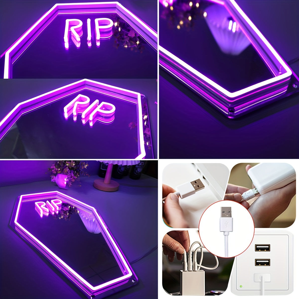 Neon Sign Mirror Wall Mountable USB Powered Home Decor Rest in Peace