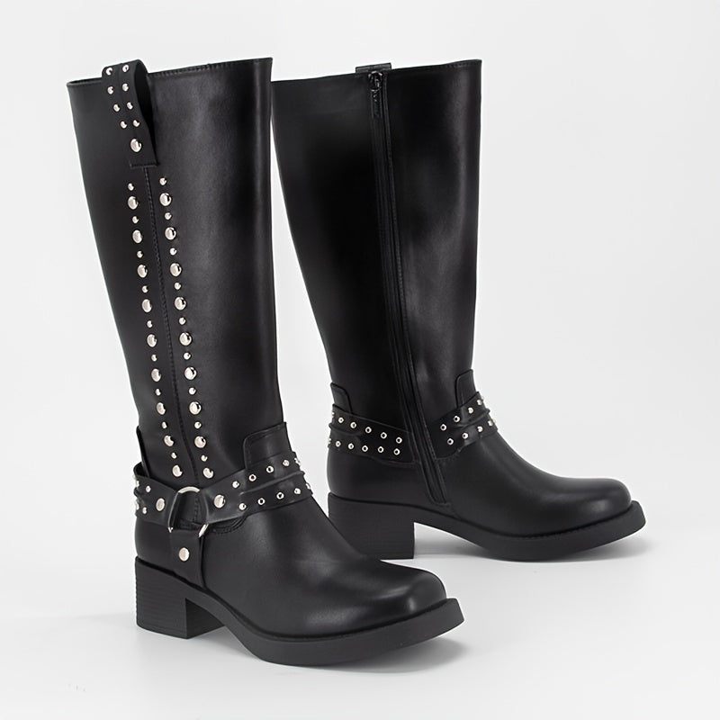 Women's Knee High Boots Leather Rivet Decor Square Toe Block Heel