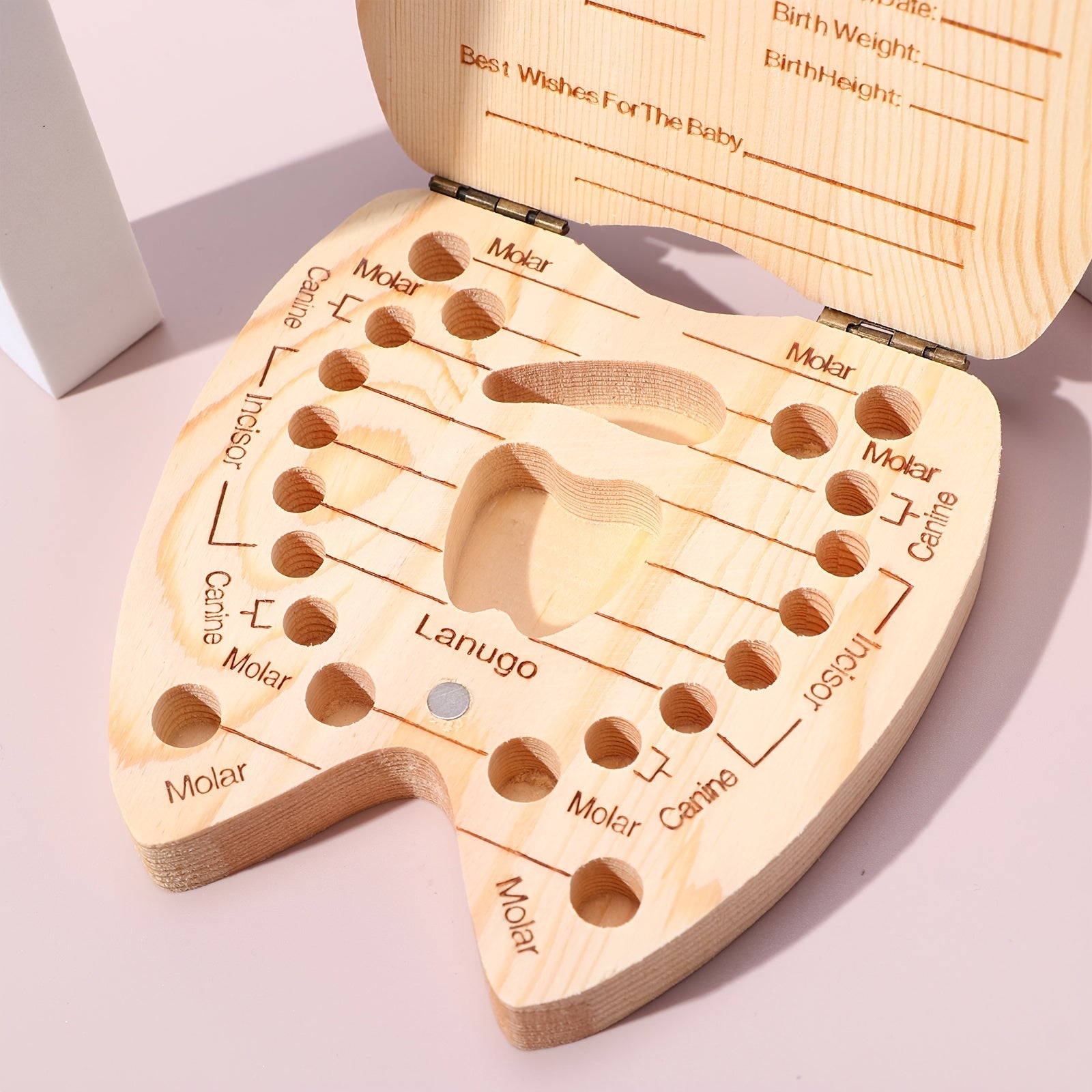 Baby Tooth Storage Box Wooden Organizer for Kids Milk Teeth and Umbilical Cord 4.65x4.53x1.1 Inches