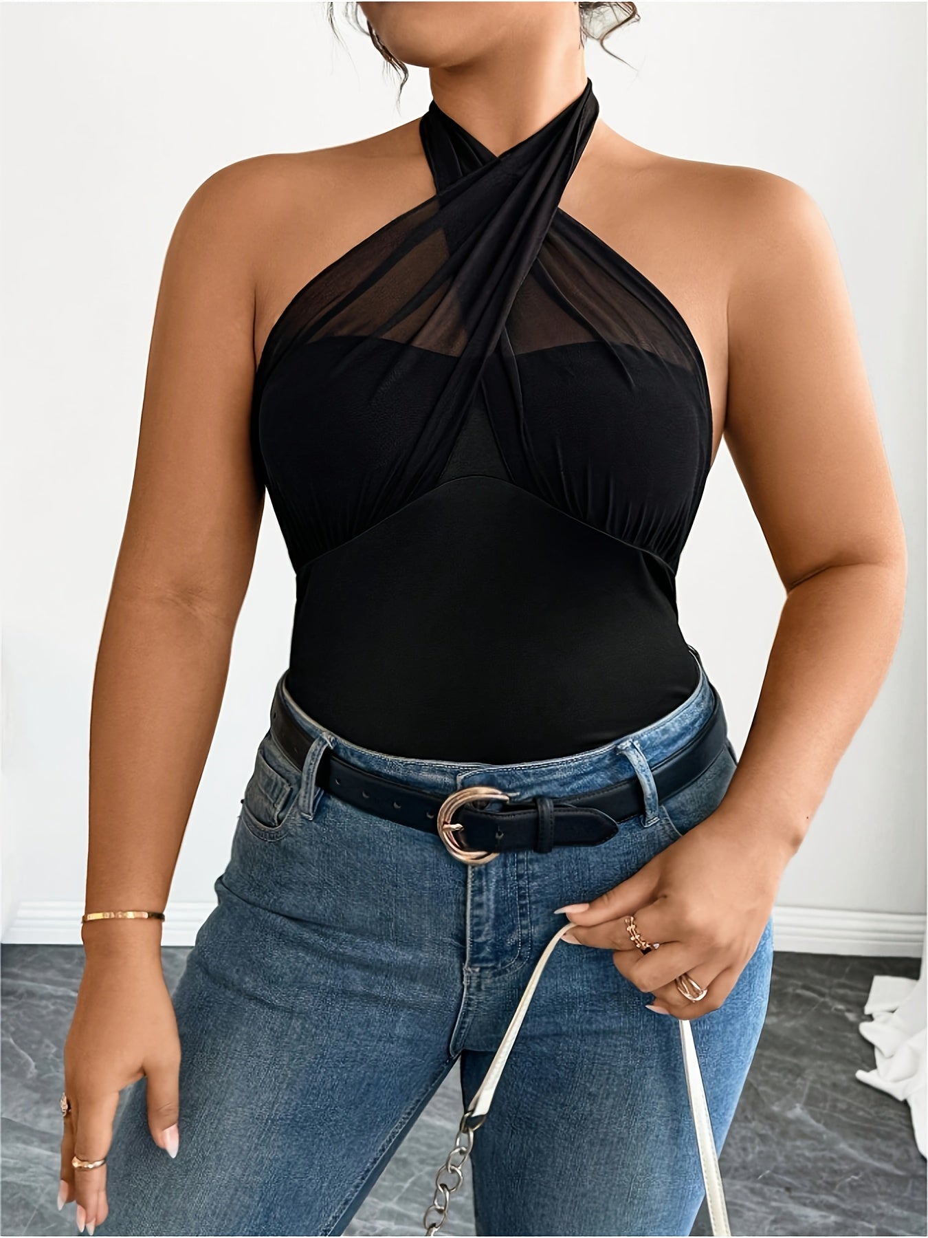 Женская блузка большого размера из сетки с халтером, черная, с переплетающимся узлом спереди, стильная вечерняя