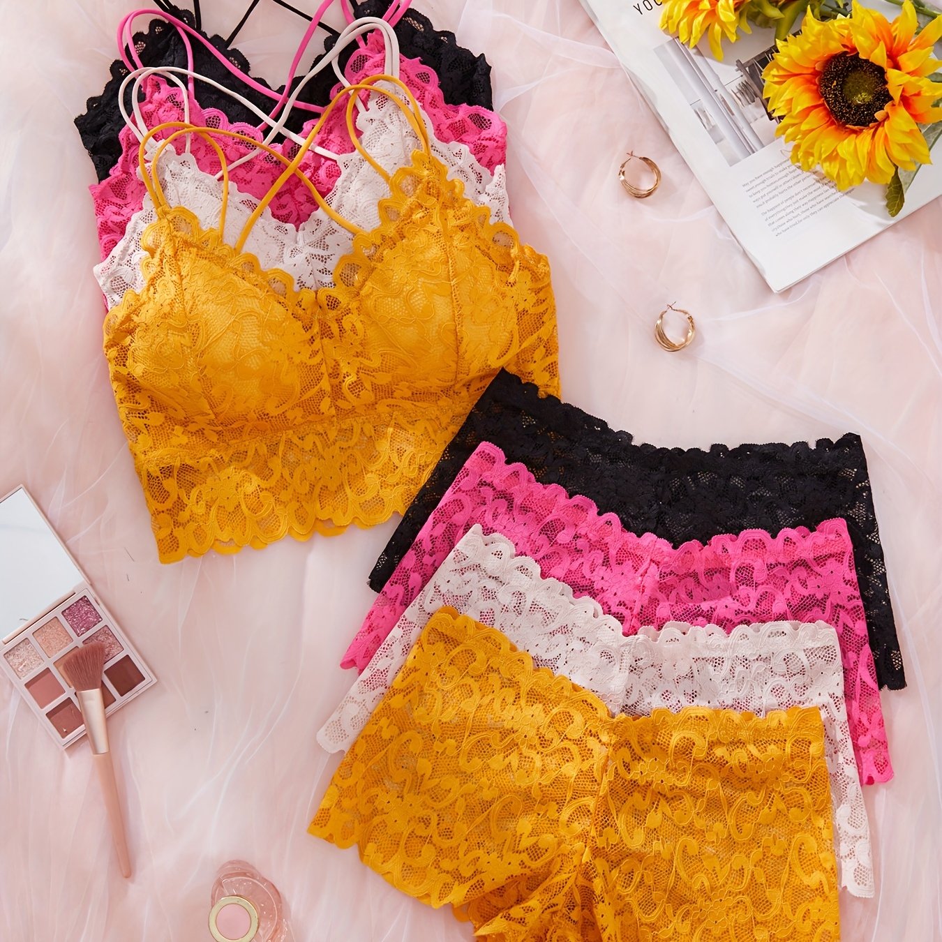 Women’s Lace Lingerie Set 4-Pack Padded Bralette and Boyshorts Solid Color