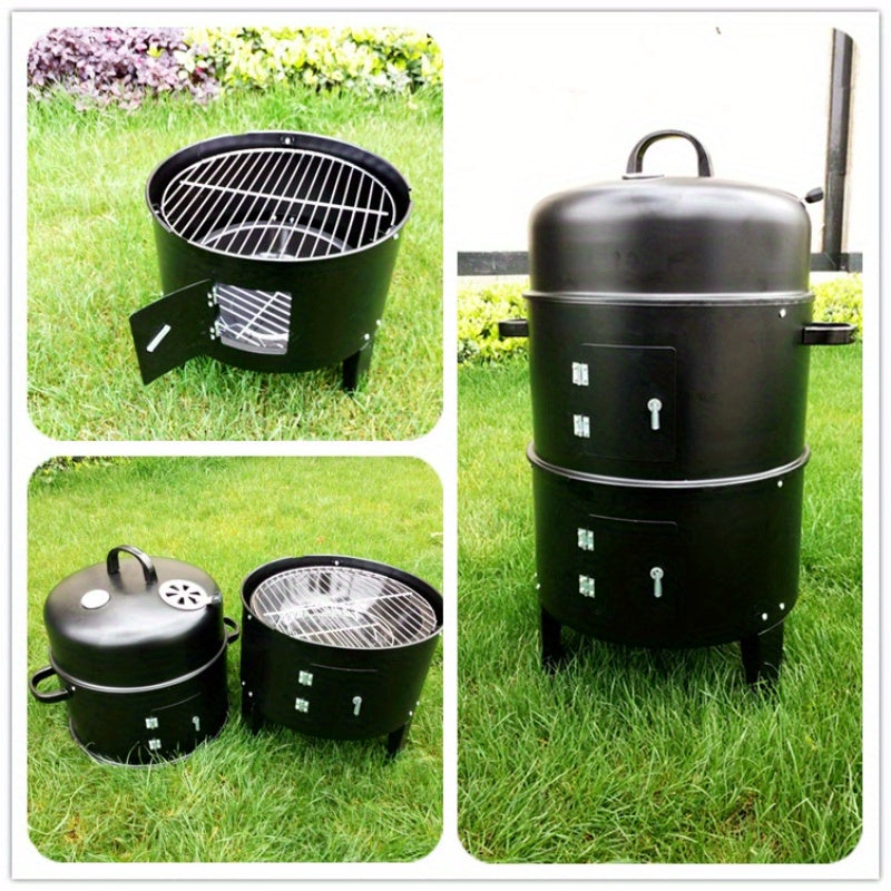 Portable outdoor BBQ grill and smoker with foldable design, integrated smoker box, ideal for camping and tailgating, insulated structure