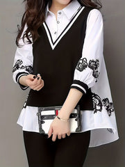 Women's White and Black Chiffon Shirt with Floral Print and Polo Collar