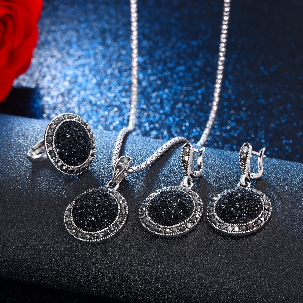Vintage Black Crystal Jewelry Set for Women Boho Chic Pendant Necklace Earrings Ring