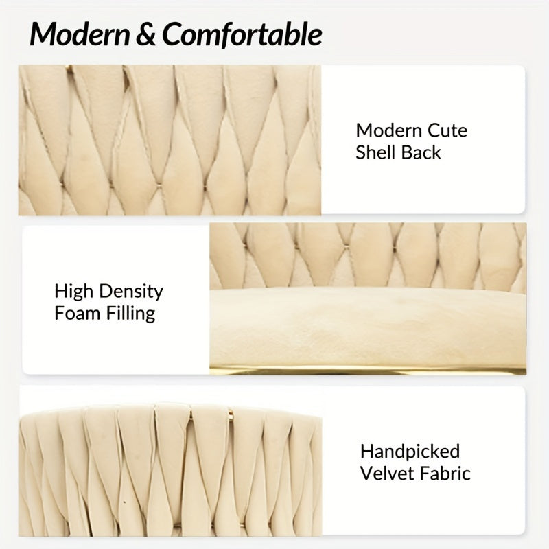 Golden Velvet Swivel Vanity Chair with Woven Backrest Adjustable Height 360° Rotation Cream Upholstery