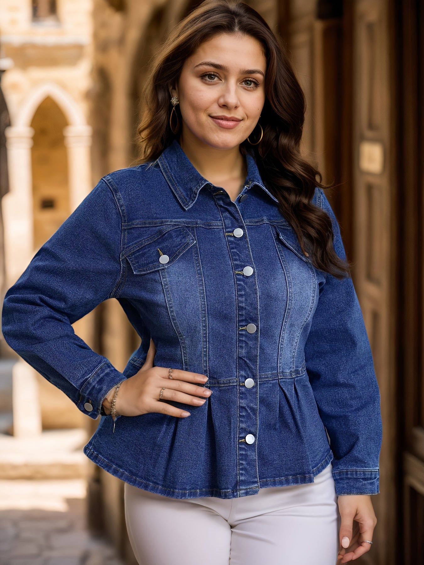 Plus Size Washed Blue Denim Jacket with Ruffle Hem and Long Sleeves