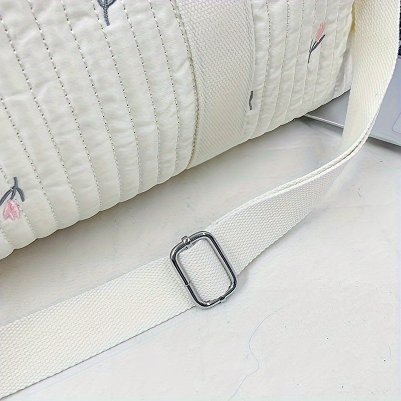 Travel Duffel Bag for Teens and Adults Quilted Pattern Tulip Embroidery Large Capacity