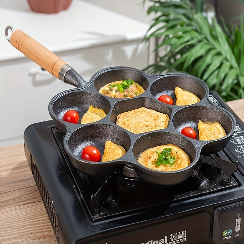 Cast Iron Petal Shaped Omelette Pan with 7 Holes Non-Stick Deep Design Wooden Handle