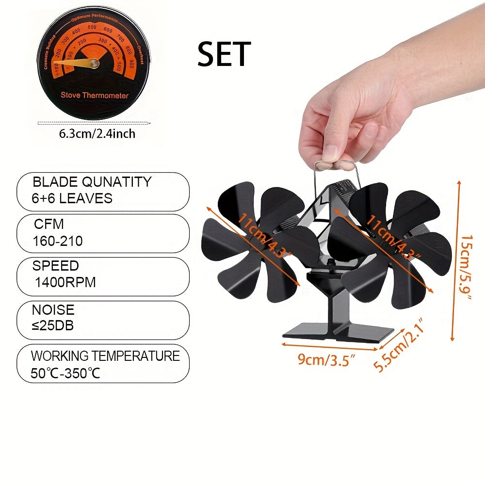Fireplace Fan with Thermometer, Double-Headed 12-Blade, Heat-Powered Stove Accessory