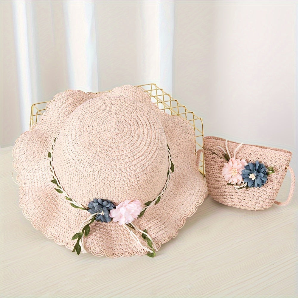 Girls' Straw Hat Set with Flower Decoration and UV Protection for Summer Beach Vacation