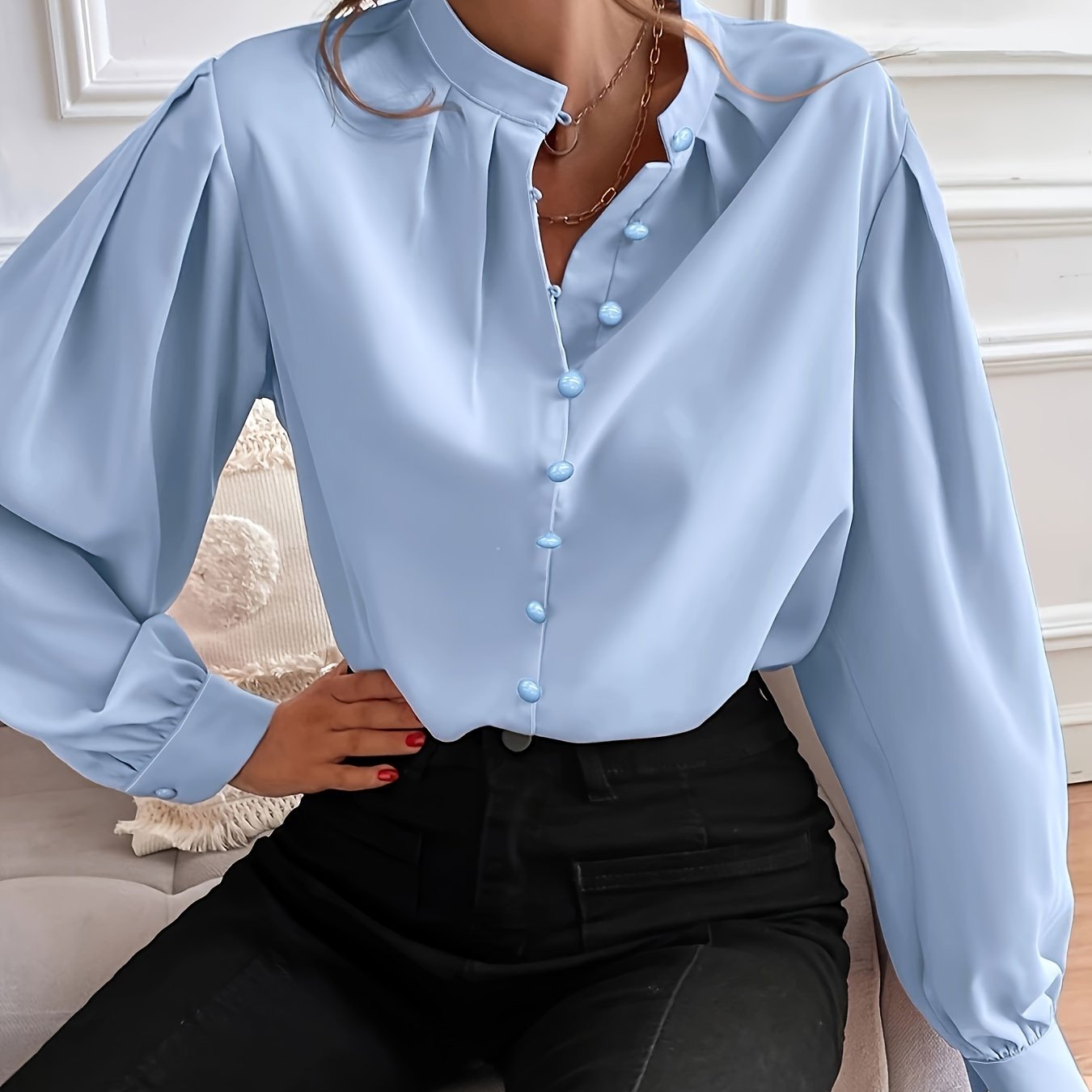Women's Plus Size Woven Shirt Casual Short Sleeve Polyester Blue