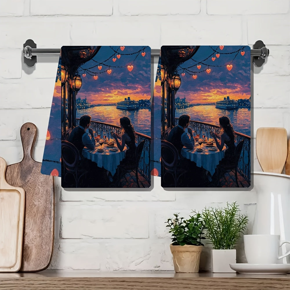 Set of 2 Soft Kitchen Towels with Romantic Dinner Cruise Scene