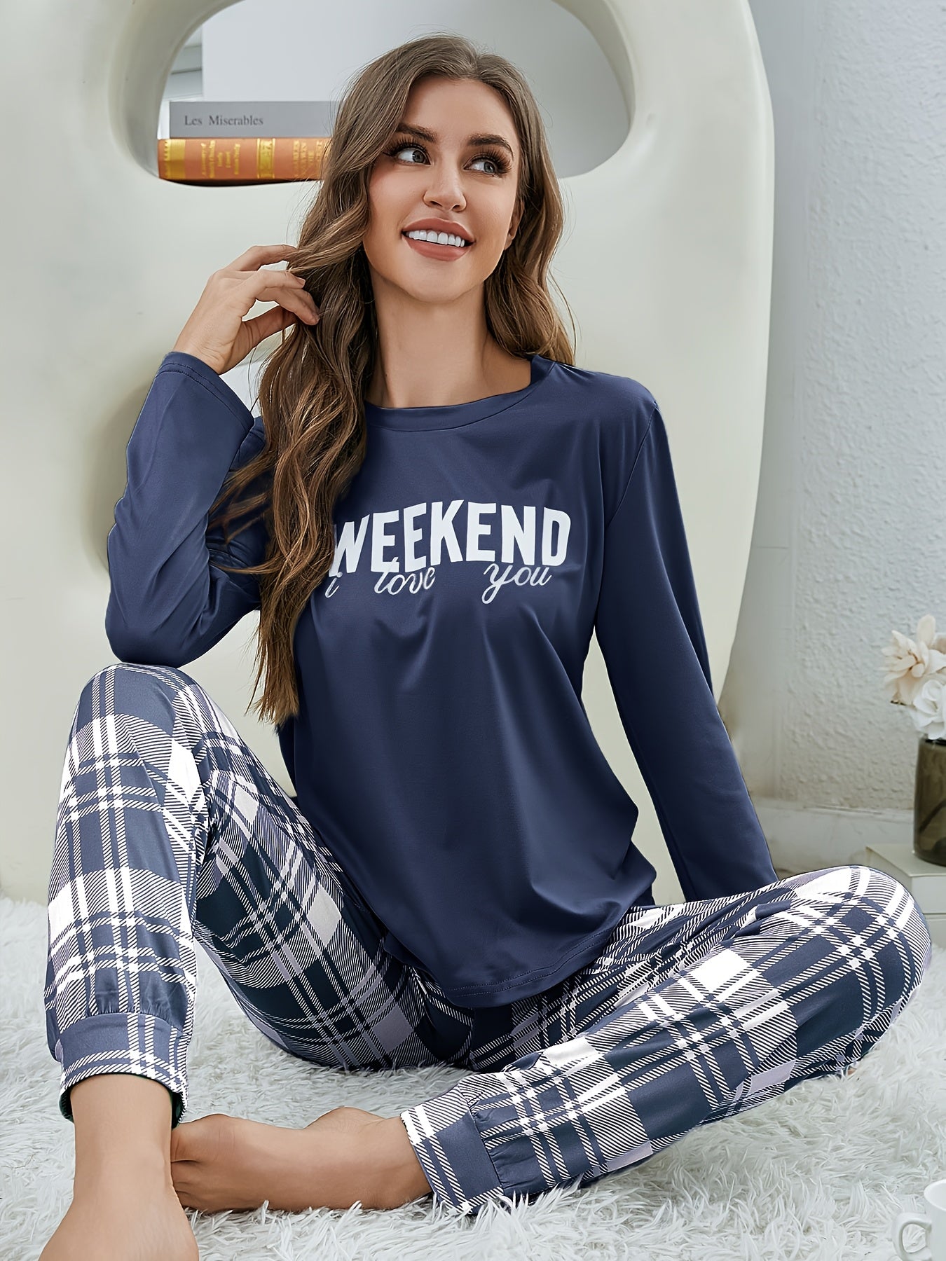 Conjunto de pijama para mujer con top de letras y pantalones de cuadros para otoño y descanso