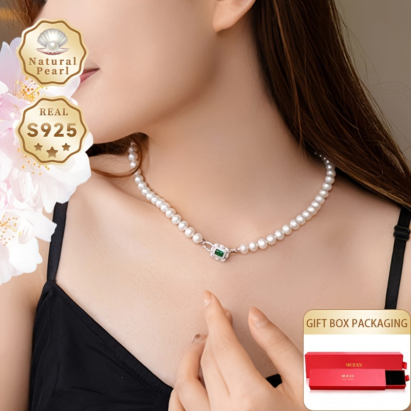 Women’s Freshwater Pearl Necklace 6.5-7.5mm Natural Lustrous Pearls with Silver Chain