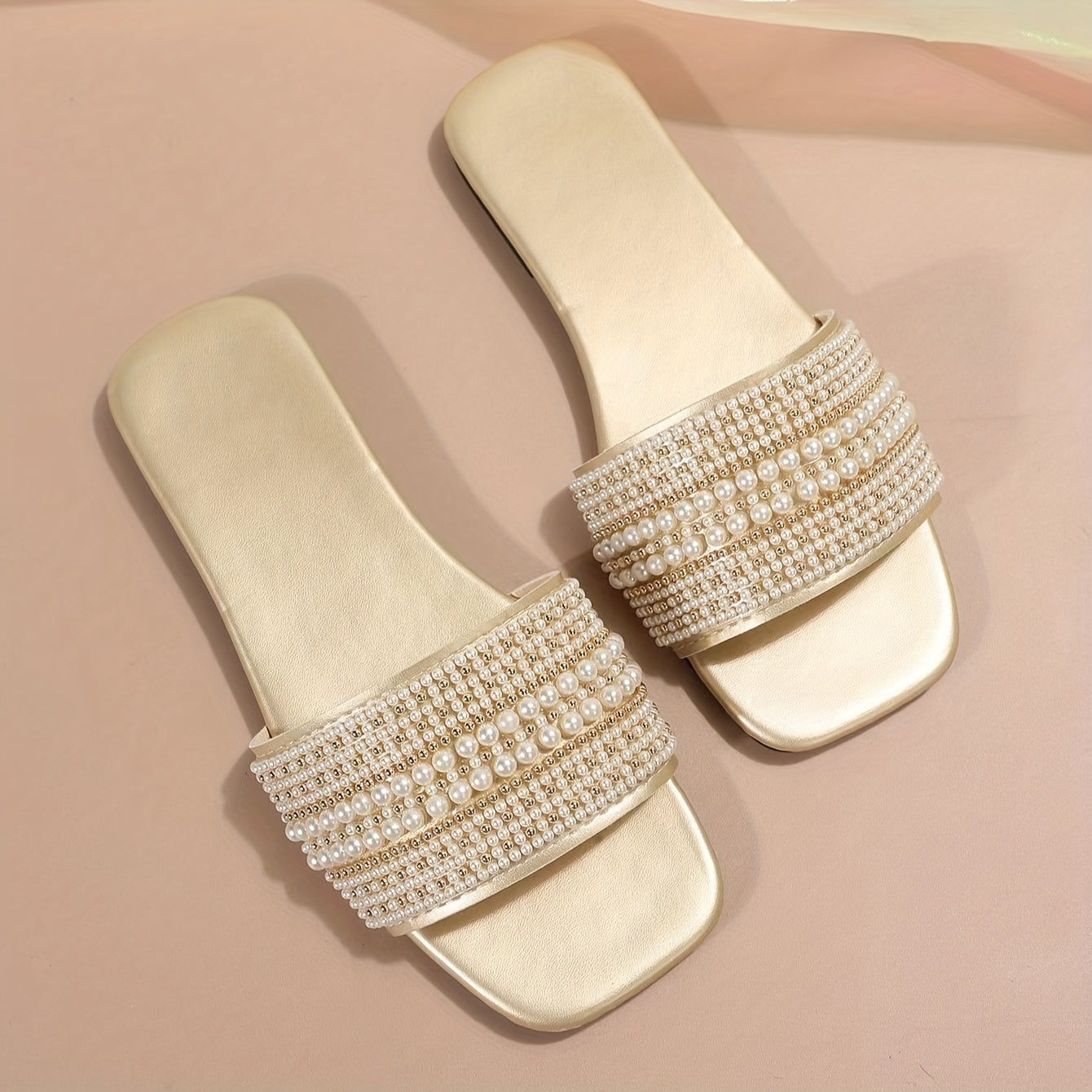 Women’s Pearl-Embellished Slide Sandals Faux Leather Flat Summer Footwear