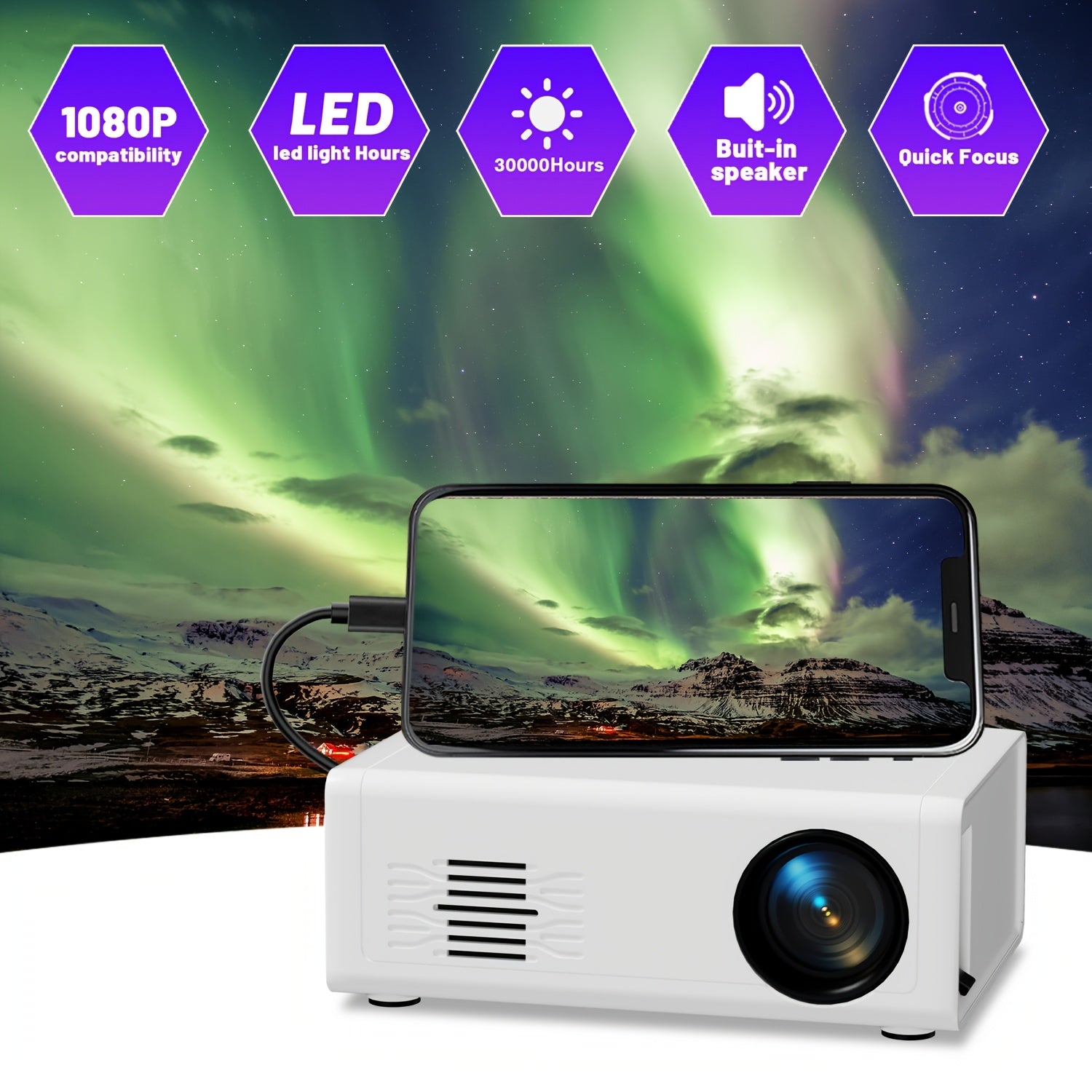 Mini Projector with Fast Focus Built-in Speaker Remote 1920x1080 Full HD 16:9