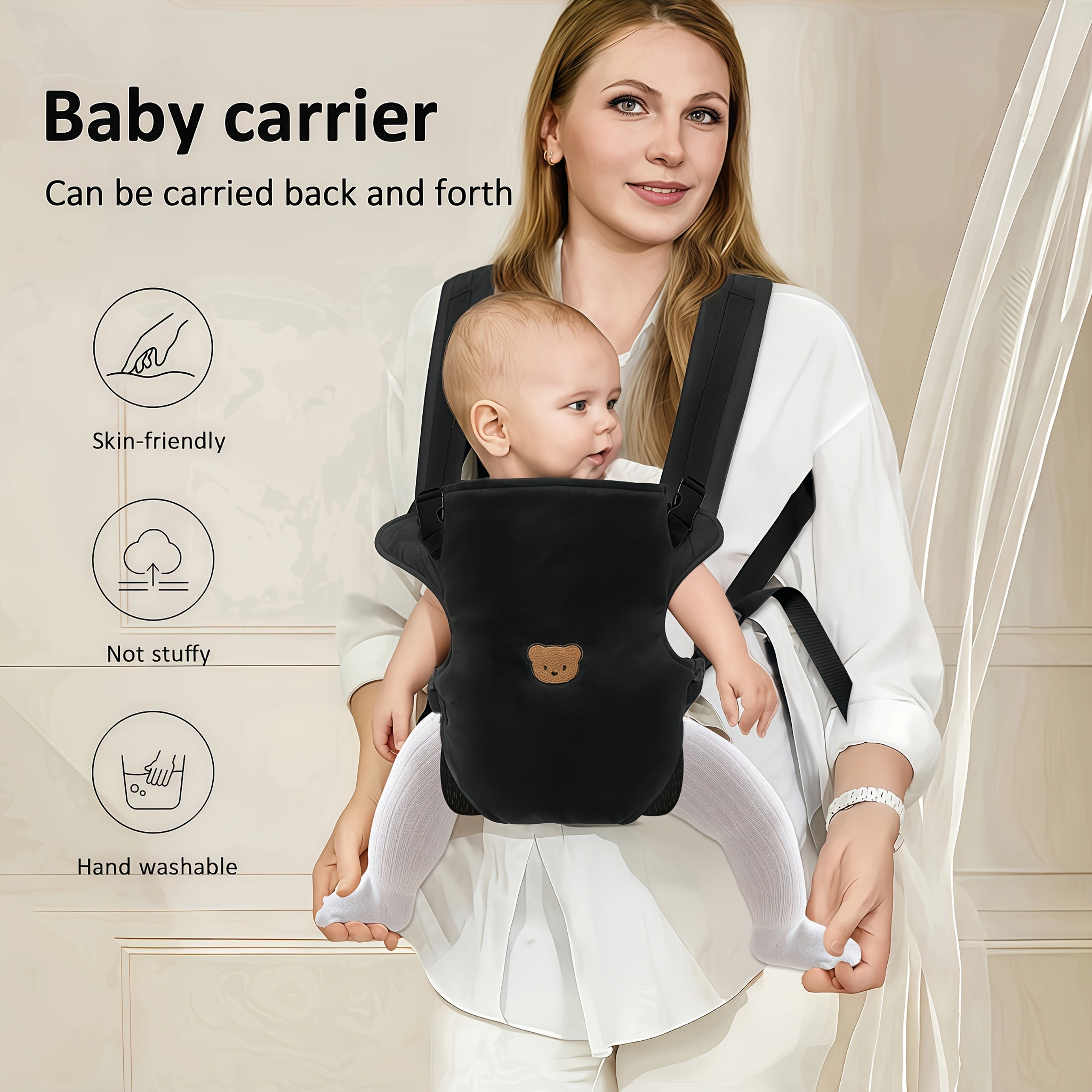 Baby Carrier for Ages 3+ Breathable Polyester Sling with Removable Harness Black Grey