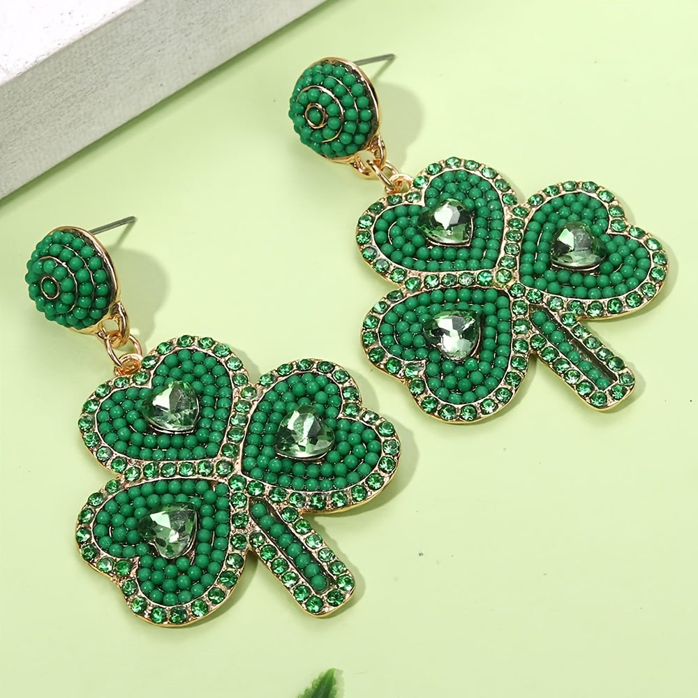 Green Clover Earrings for Women Beaded Rhinestones St. Patrick's Day Jewelry