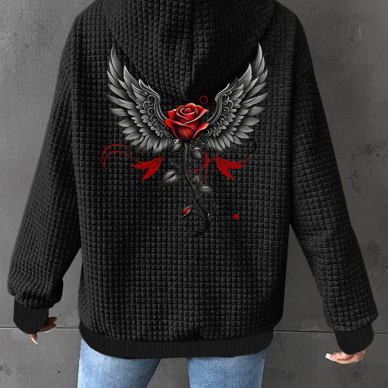 Chaqueta con capucha de punto waffle para mujer con estampado de rosa roja y alas, ligera y casual, estilo bomber