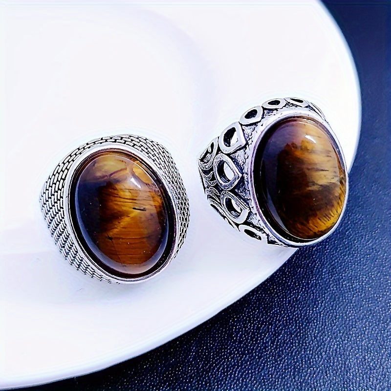 Mijozlar tomonidan eng yaxshi tanlov: 5 ta vintage uslubidagi uzuklar to'plami, tabiiy yo'lbars ko'z toshlari bilan - Sink qotishmasidan tayyorlangan, kundalik va maxsus tadbirlar uchun ideal