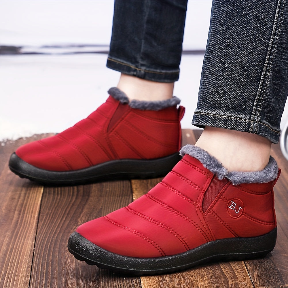 Women's Slip-On Ankle Boots Black Soft Fabric Plush Lining Comfortable Flat