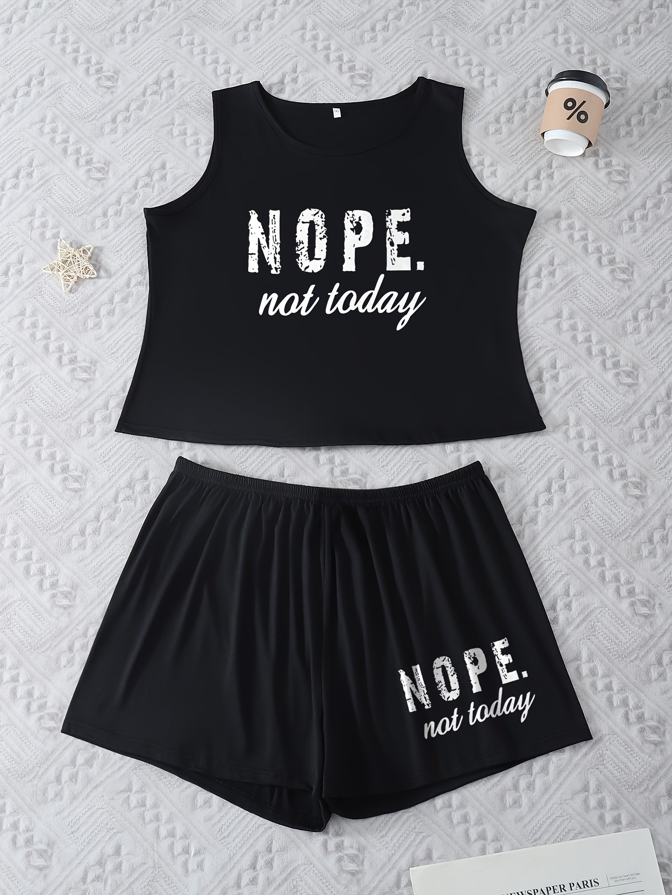 Plus Size Women's Loungewear Pajama Set with Letter Print Tank Top and Shorts
