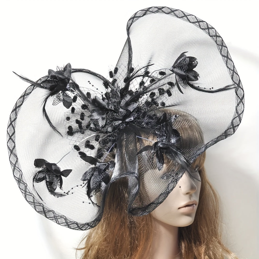 Vintage Fascinator Headwear with Flower Mesh and Faux Feather for Women Tea Party Wedding