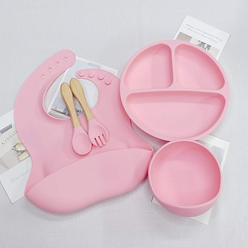 Children's Silicone Self-Feeding Tableware Set with Suction Plate Bowl Spoon Fork Bib Multiple Colors
