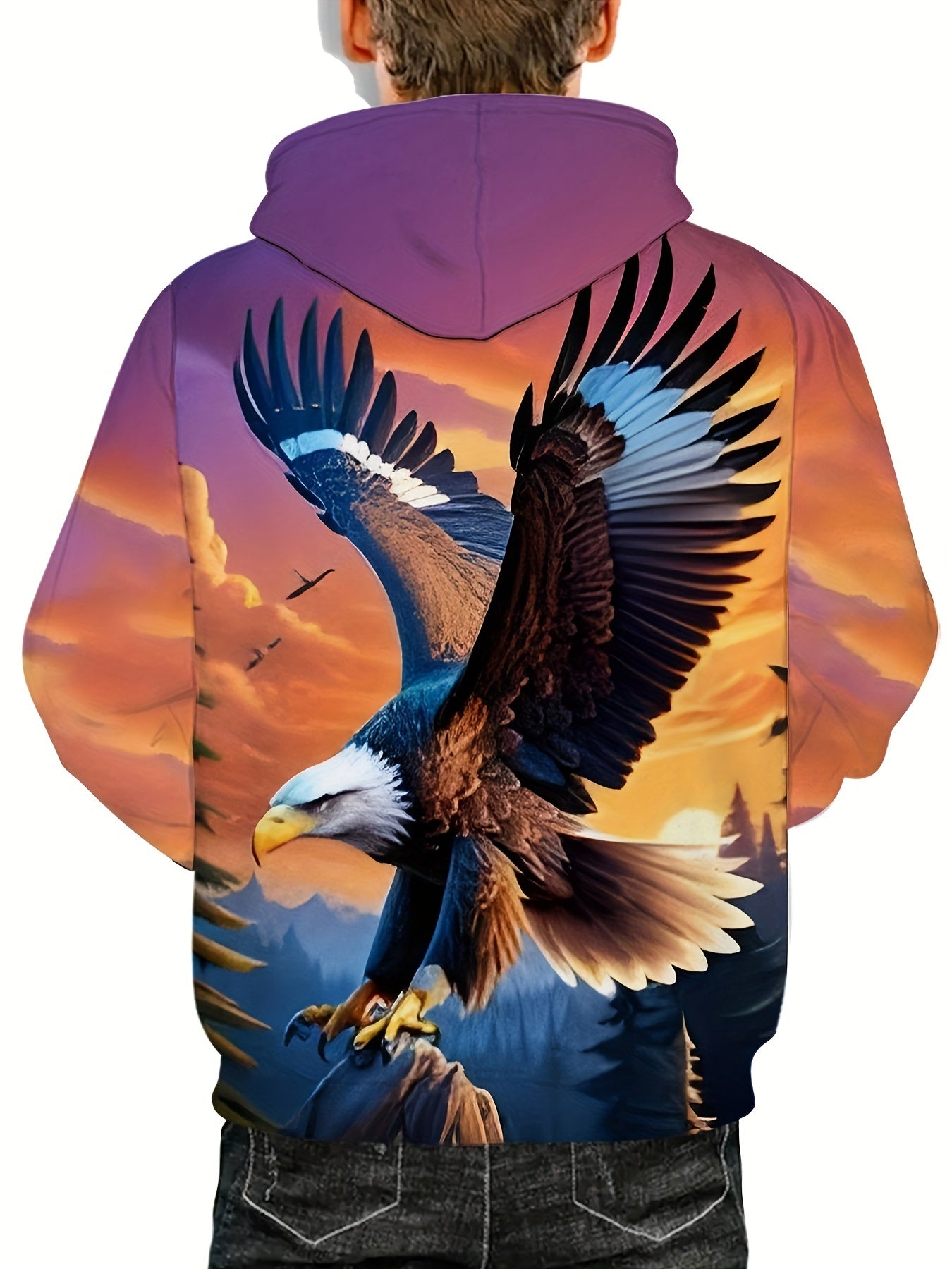 Plus Size Men's Eagle Graphic Print Hoodie with Kangaroo Pocket Casual Outerwear