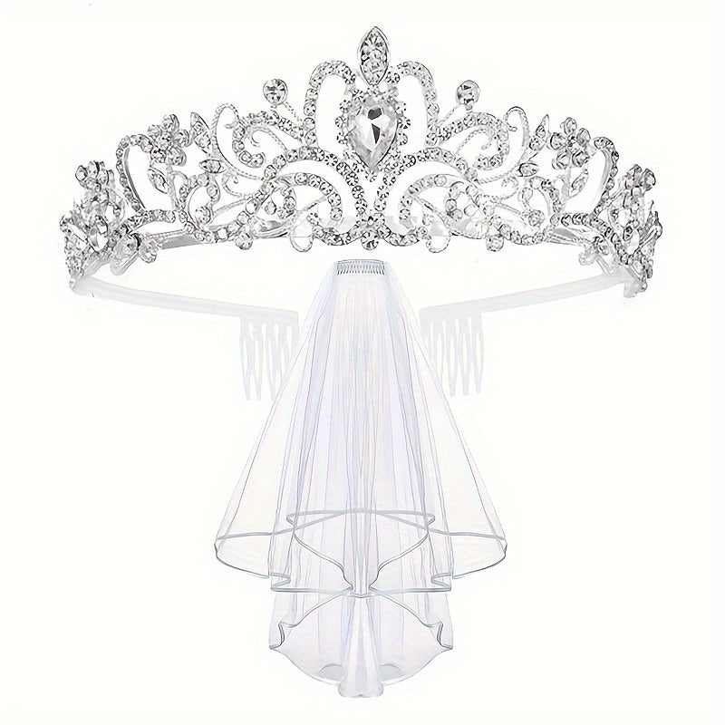 Set of Baroque Style Wedding Accessories with Rhinestone Crown, Shoulder Strap, Belt, Veil, and Jewelry