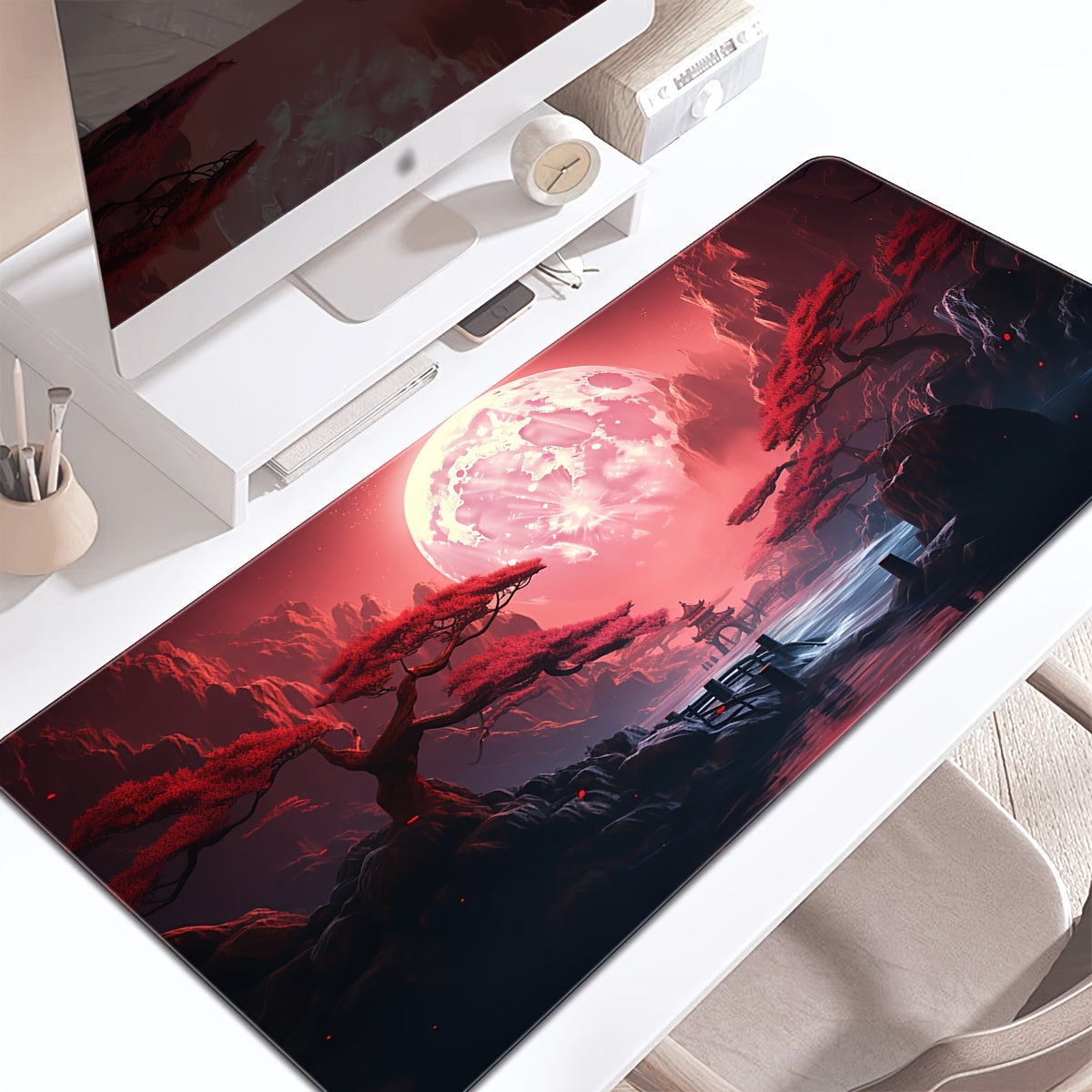 Большой игровой коврик для мыши с красным пейзажным дизайном, нескользящая резиновая основа, прошитые края