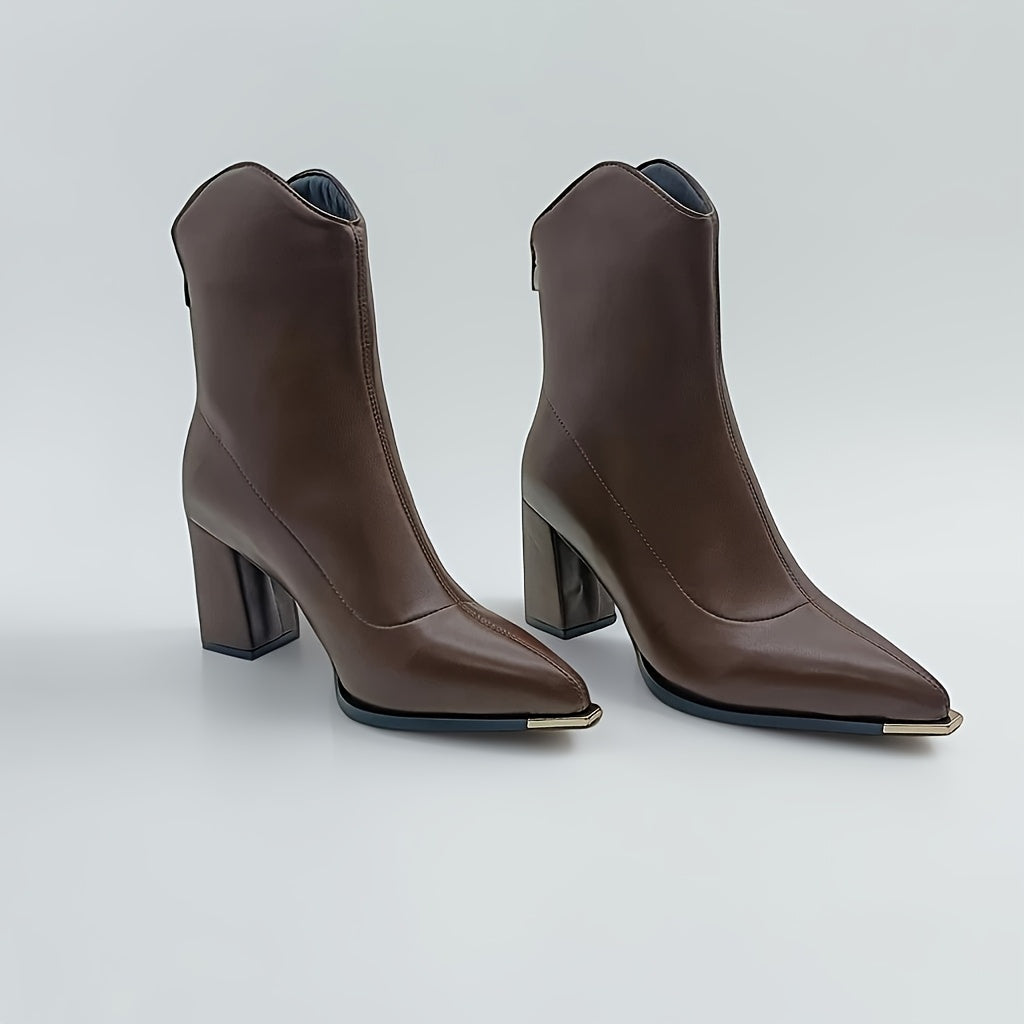 Women's Brown Pointed Toe Chunky Heel Ankle Boots All-Season Faux Cover
