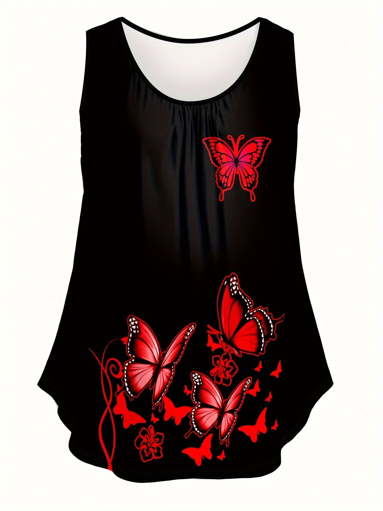 Top sin mangas de talla grande para mujer, negro, con estampado de mariposas y flores en 3D, casual para verano