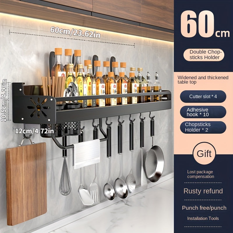Wall-Mounted Kitchen Storage Rack for Spices Knife and Chopstick Holder