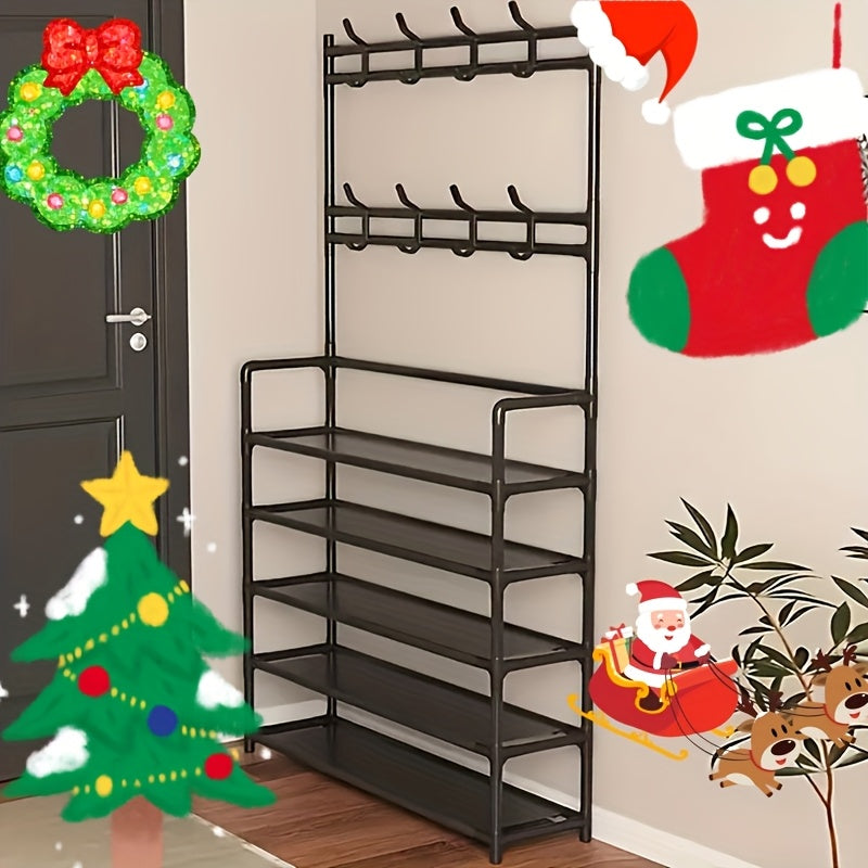Elegant Metal Hall Tree with Coat and Shoe Rack Black White Multi-Purpose Organizer