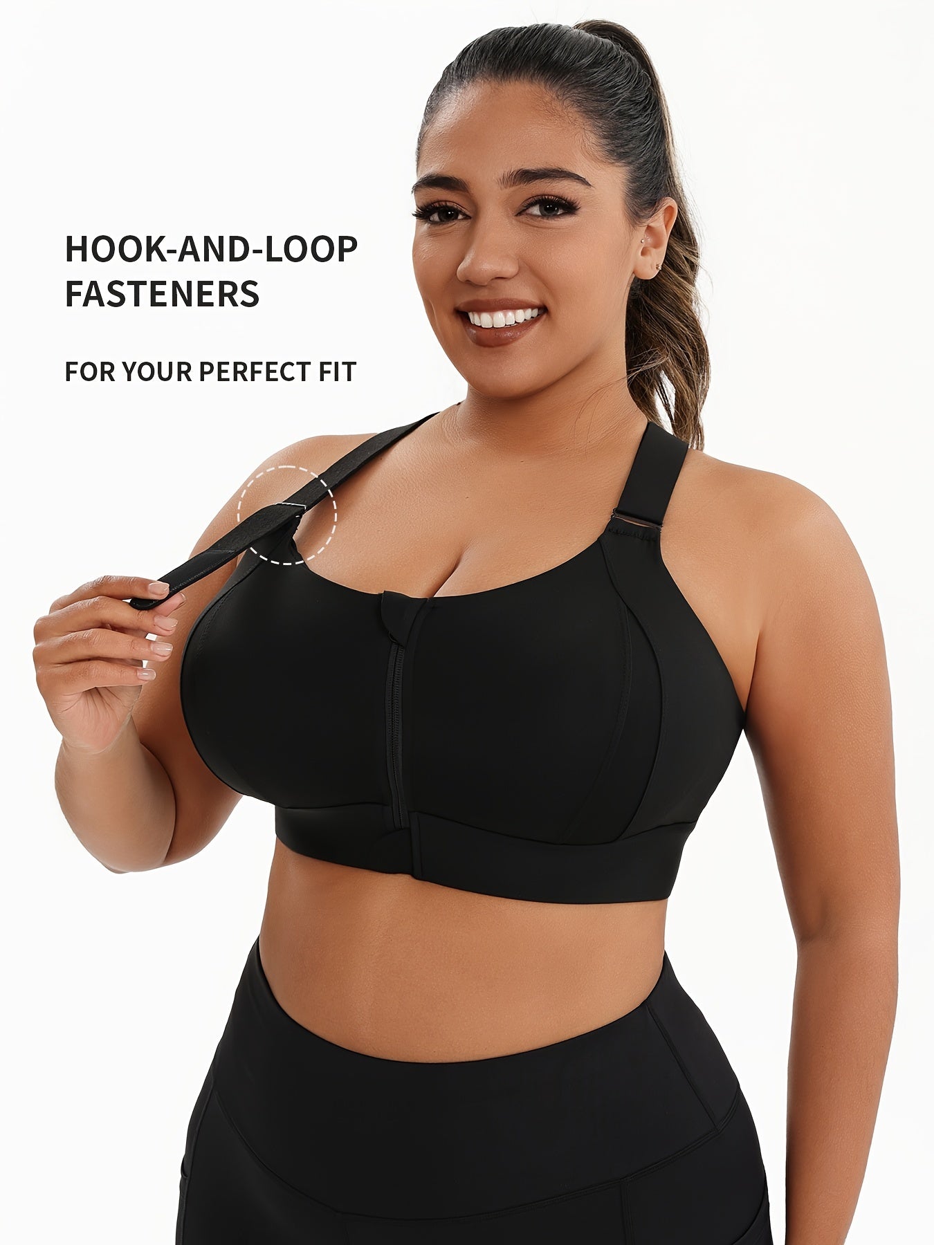 Plus Size High Elasticity Solid Color Front Zip Sports Bra Padded Racerback for Yoga Fitness