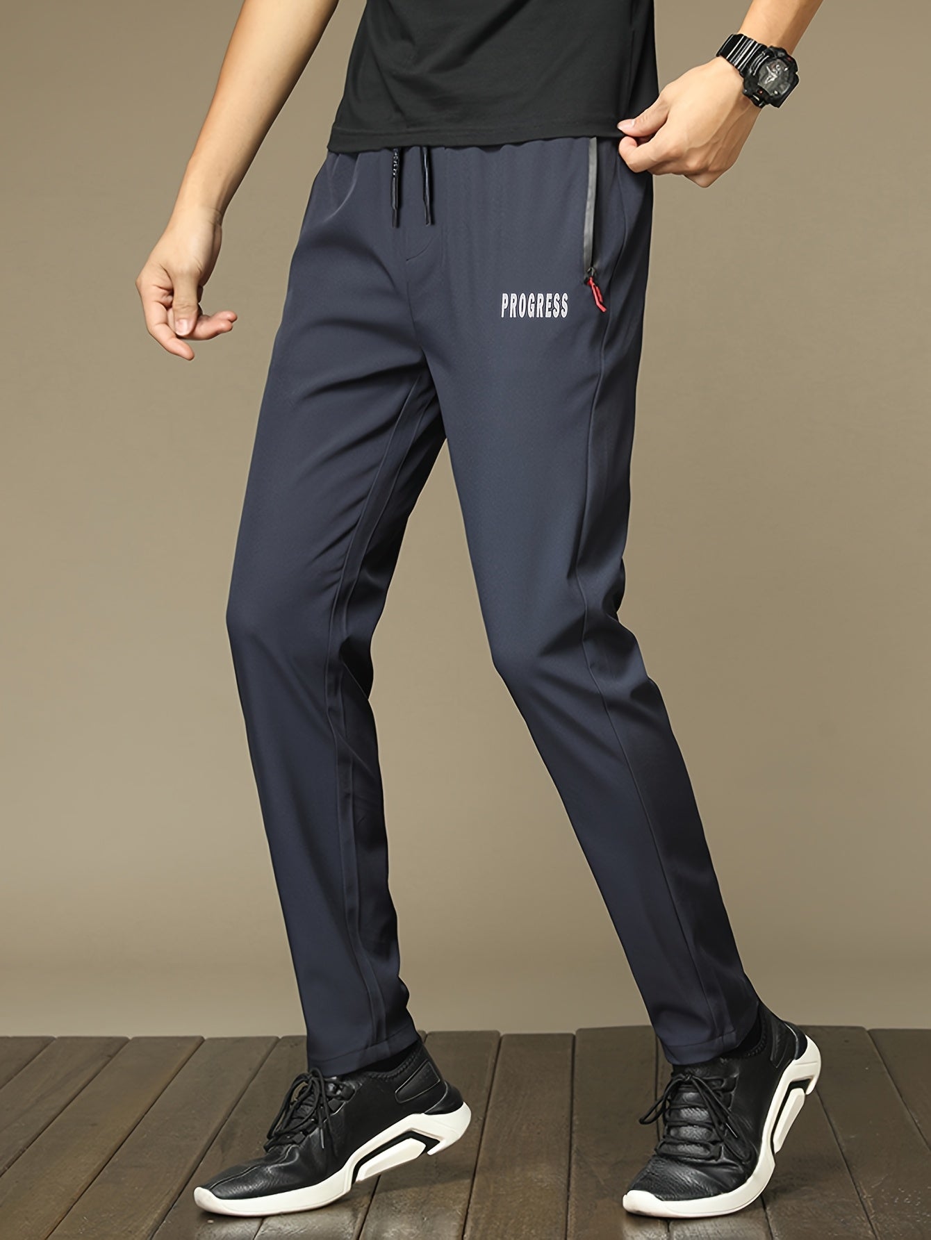 Men's Polyester Casual Joggers with Zipper Pockets Drawstring Waist in Black and Gray