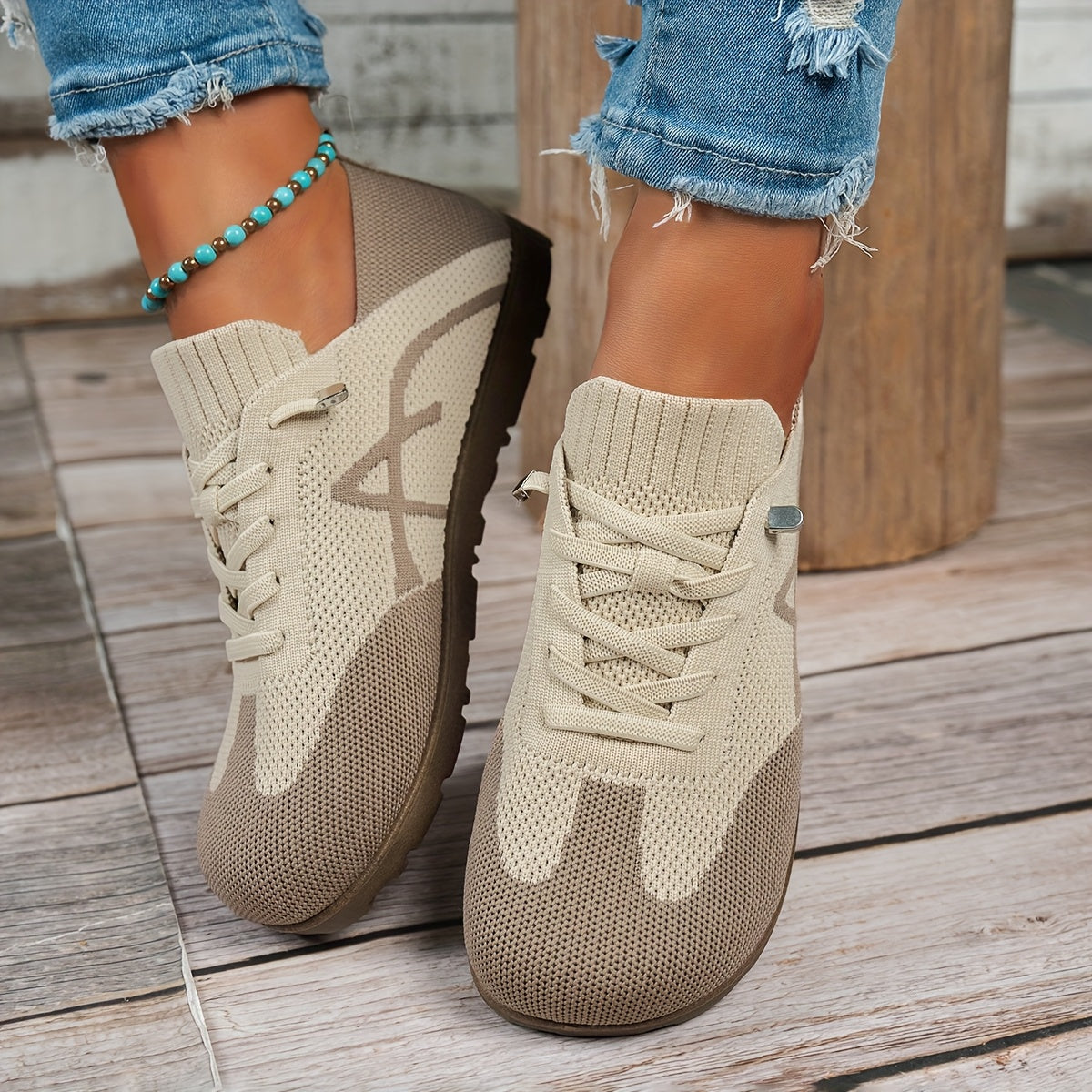 Women's Casual Slip-On Flats Knit Fabric with PVC Outsole Black Beige