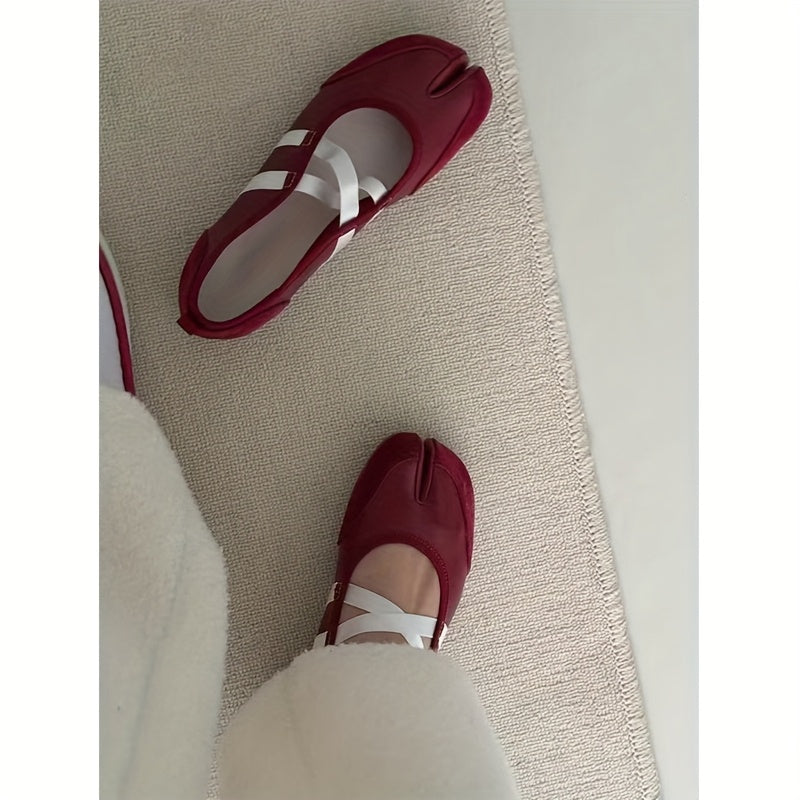 Women's Red and White Strappy Mary Jane Flats with Bow Embellishment