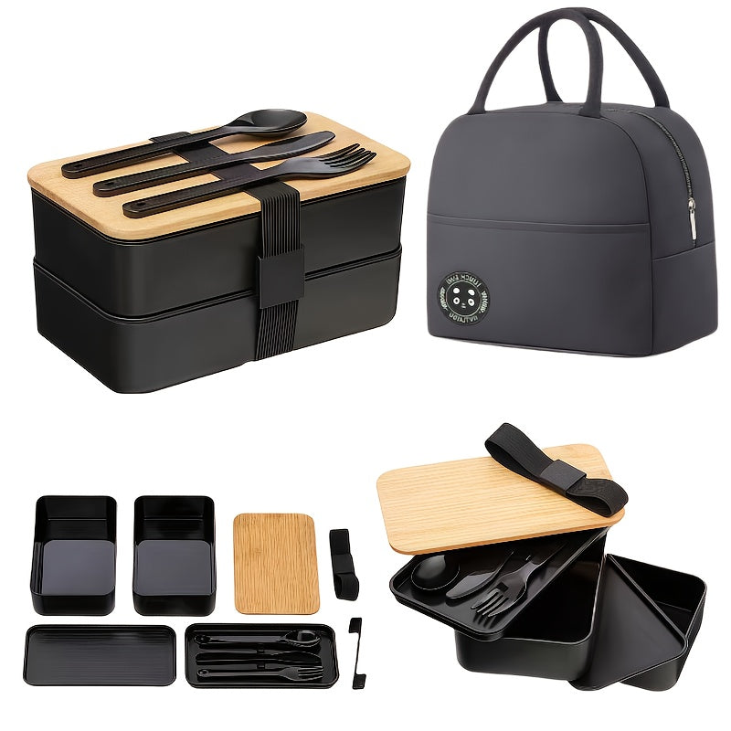 Insulated Bento Lunch Box Set with Leakproof Containers, Bamboo Lids, Dividers