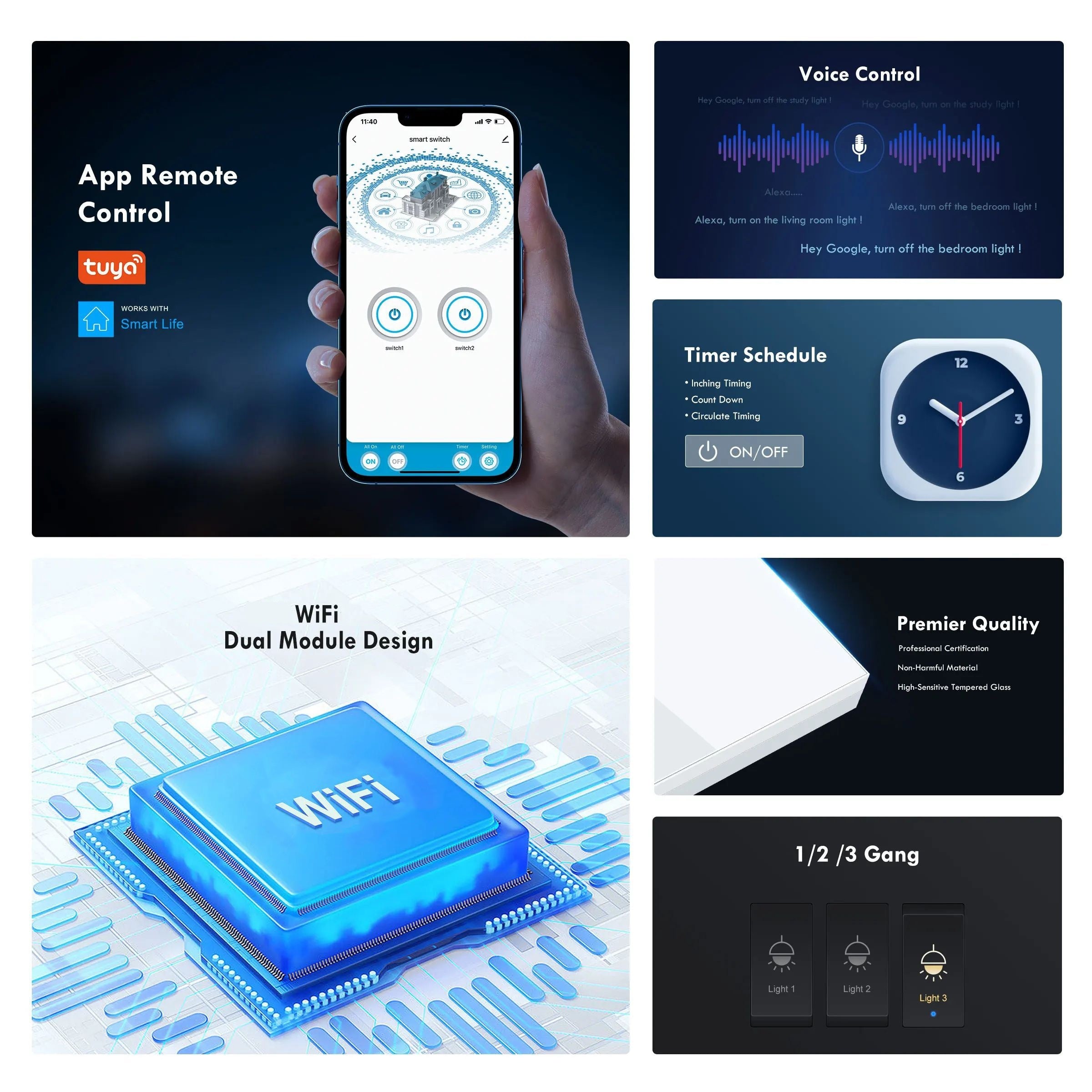 Smart Touch Wall Switch WiFi App Control Tempered Glass 86mm Single or Zero Wire Replacement in White or Golden