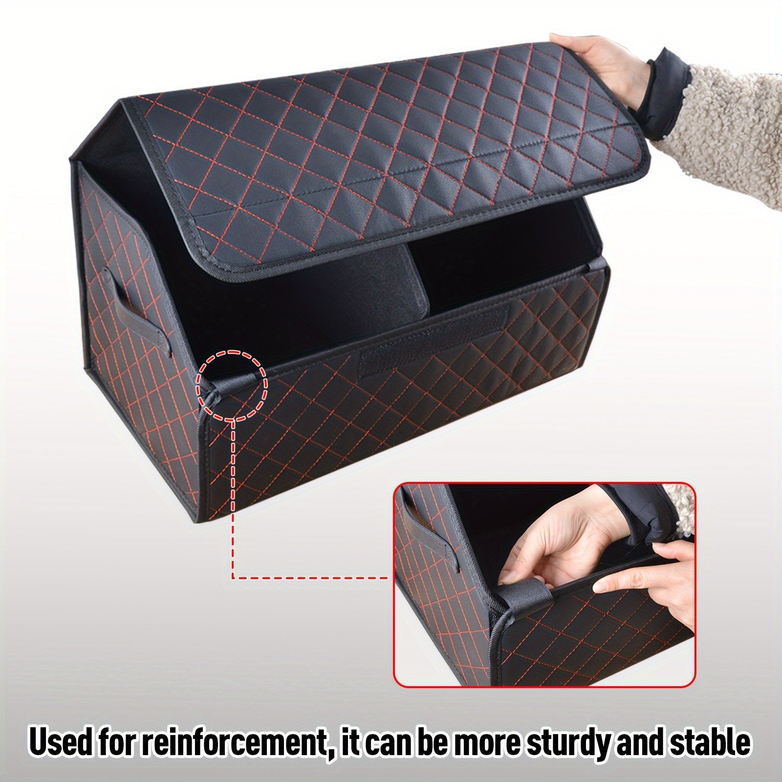 Organizador de maletero de coche plegable de cuero PU con costura de diamantes y acentos rojos para coches, camiones y SUVs