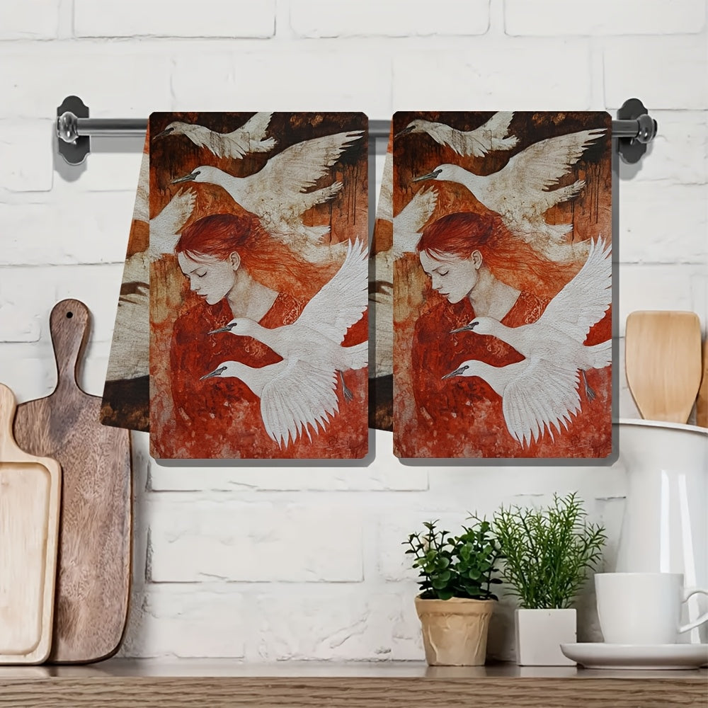 Set of 2 Swan and Red-Haired Woman Kitchen Towels Ultra Soft Absorbent 16x24 Inches