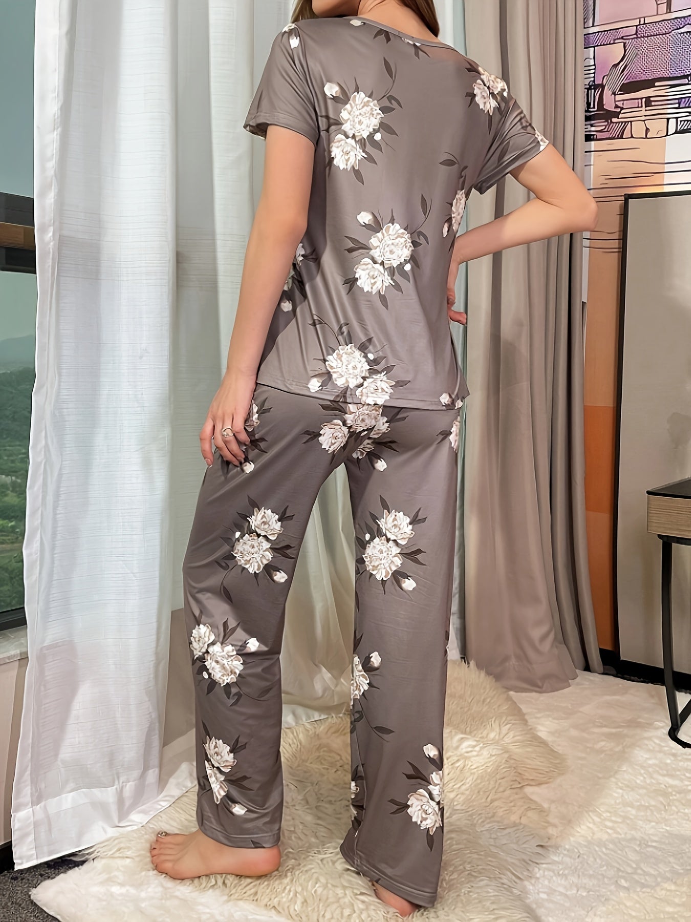 Women's Floral Pajama Set Jersey Knit Short Sleeve Top Long Pants Casual Sleepwear