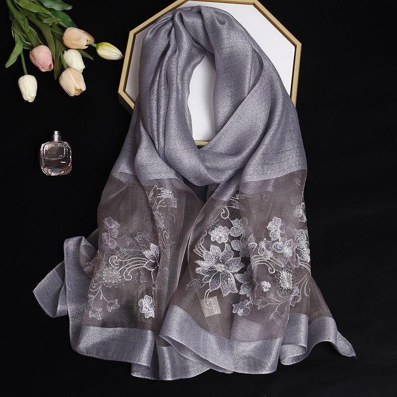 Silk and Wool Embroidery Scarf for Women Floral Long Outerwear
