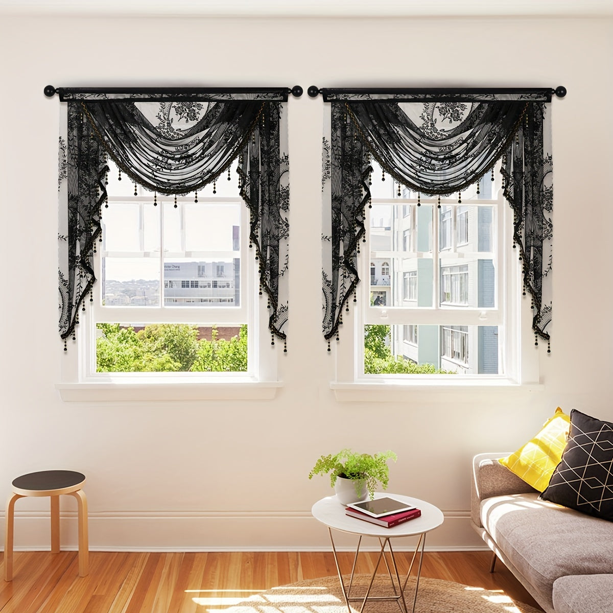 European Style Wave Curtain with Black Lace Valance and Flower Pattern for Living Room Windows