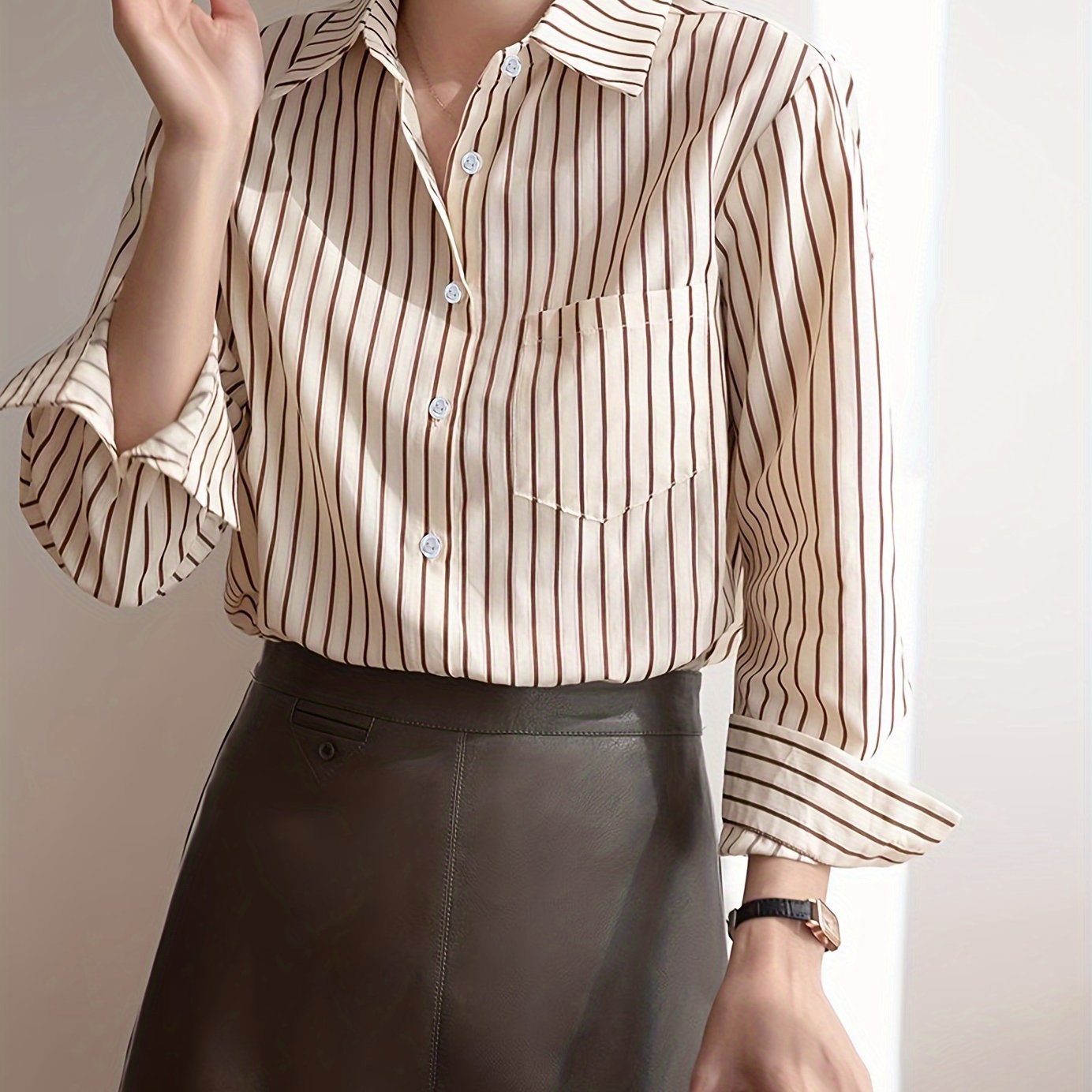 Beige Striped Long Sleeve Blouse with Button-Up Front for Casual Wear