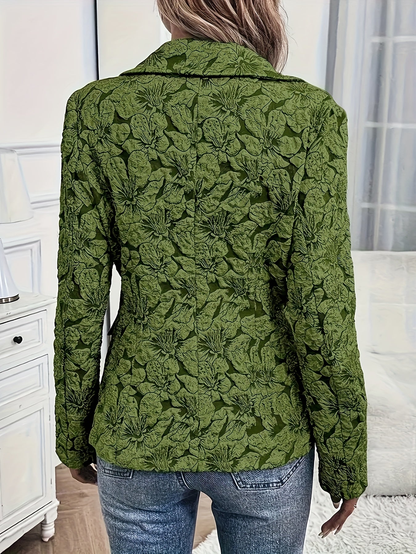 Plus Size Floral Jacquard Women's Blazer Light Blue Long Sleeve Casual Outerwear