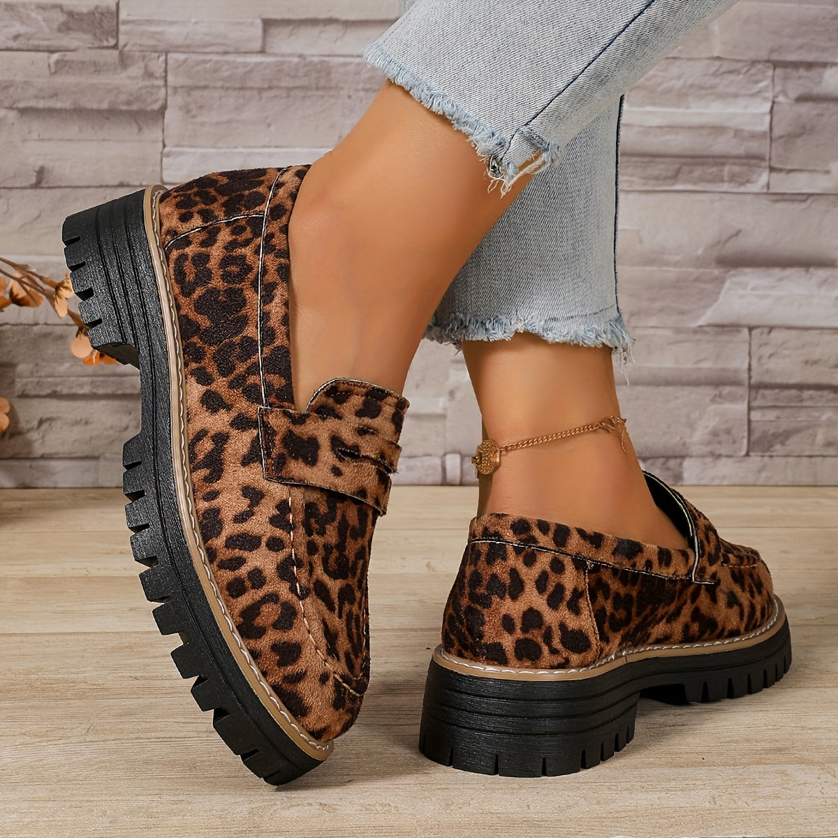 Women's Leopard Print Platform Loafers Wide Fit Casual Flat Shoes